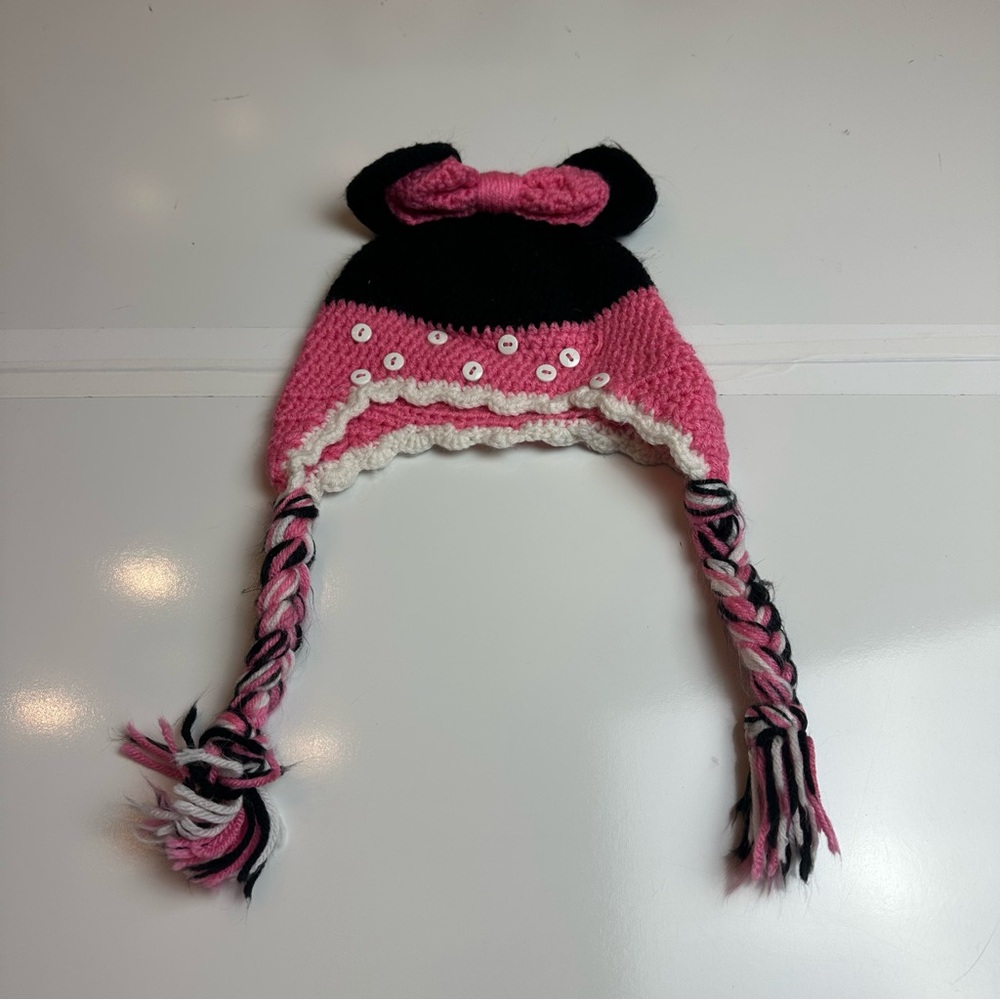 Handmade Minnie-Style Crochet Earflap Hat Pink Black Bow Toddler Child